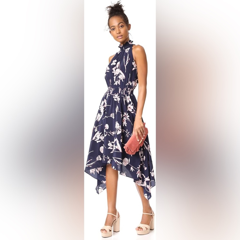 Shoshanna - Navy & Pink Floral Print Sleeveless Smocked Waist Dress Sz 8